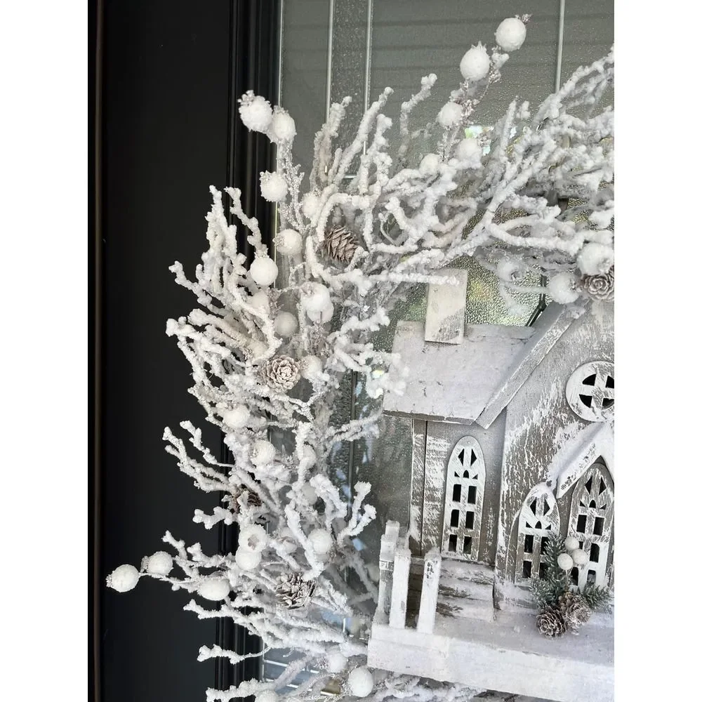Winter Snow Twig Wreath With Lighted Wooden Church